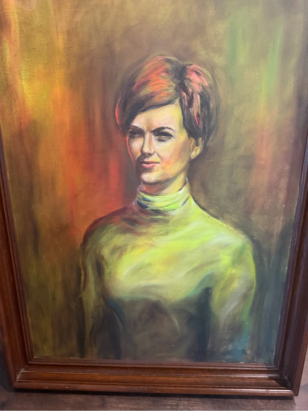 Mid century Oil Painting of a Woman in Green Turtleneck, 1960-70, 39 1/2